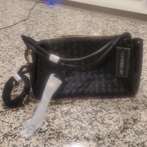 La Terre Black Woven Crossbody Bag